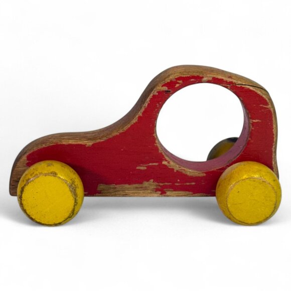 Vintage Handmade Wooden Push Car Red & Yellow Globe Wheels Toddler Toy - Picture 1 of 8